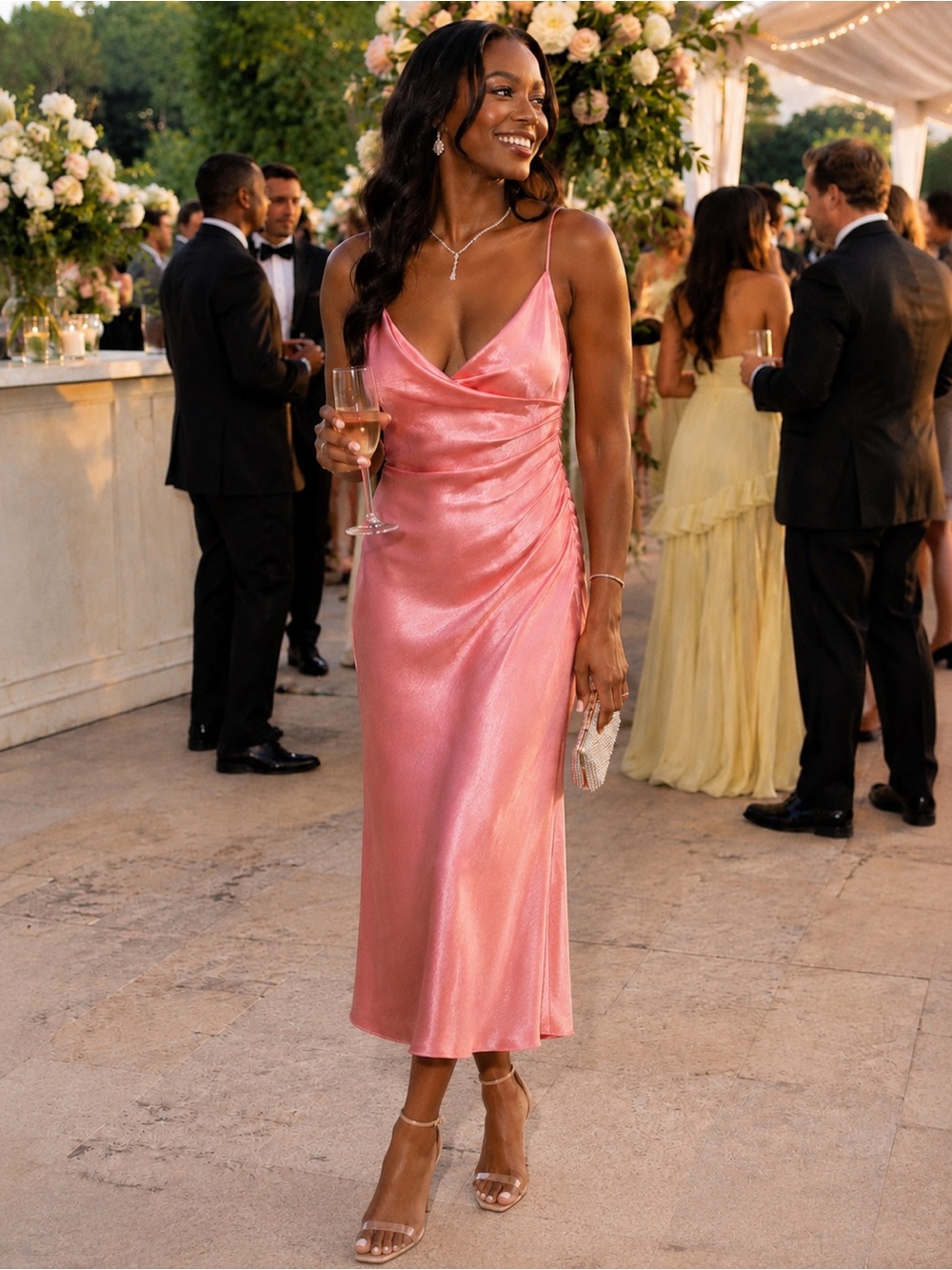 Satin Cowl Neck Midi Slip Dress in Rose Pink